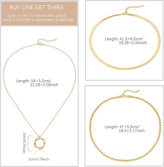 Evabelle Gold Layered Necklace for Women Trendy Jewelry 14K Real Gold Plated Chunky Chain Stackable Necklaces Dainty Choker Necklaces Rectangle Square Pendant - color: Gold Necklace 03