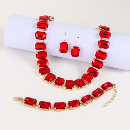 KOSMOS-LI Rectangle Faux Crystal Jewelry Sets Includ Necklace Bracelet Earrings For Women Stocking Stuffers - color: red