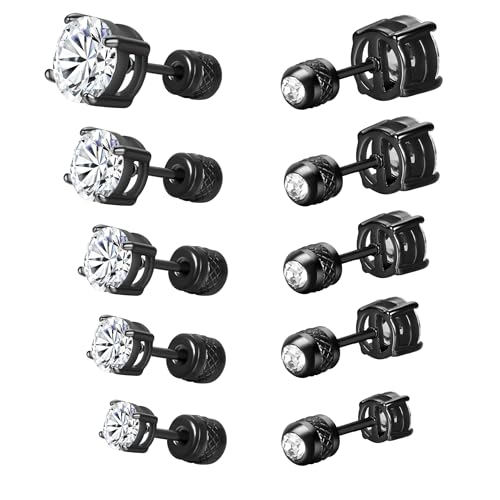 5 Pairs Screw Back Stud Earrings Set, Cubic Zirconia Stud Earring for Women Men Hypoallergenic 316L Surgical Stainless Steel Round Cut CZ 3-7mm - color: Black Gold Plated