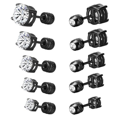 5 Pairs Screw Back Stud Earrings Set, Cubic Zirconia Stud Earring for Women Men Hypoallergenic 316L Surgical Stainless Steel Round Cut CZ 3-7mm - color: Black Gold Plated