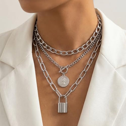 9-Piece Gold Tone Layered Chain Necklace Set for Women, Versatile Stackable Necklaces with Vertical Bar/Herringbone/Padlock Coin Charms, Trendy Boho Jewelry - style: TZY-003360
