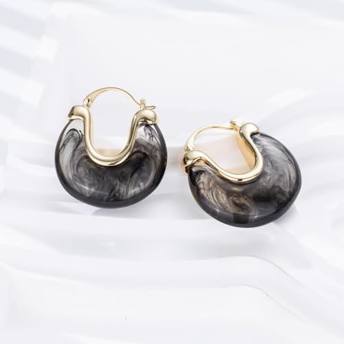 Chunky Gold Resin Hoop Earrings Leverback Statement Huggie Hoops Dangle Drop Dressy Earring Prom Festival Vacation Jewelry for Women - color: Black, size: Drop