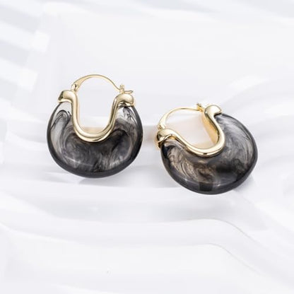 Chunky Gold Resin Hoop Earrings Leverback Statement Huggie Hoops Dangle Drop Dressy Earring Prom Festival Vacation Jewelry for Women - color: Black, size: Drop