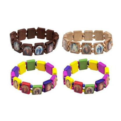 DATOA 4Pcs Wooden Jesus Virgin Mary Bracelet Saints Rosary Stretch Wooden Small Panel Bracelet Religious Saints Jesus Gift - style: Style C