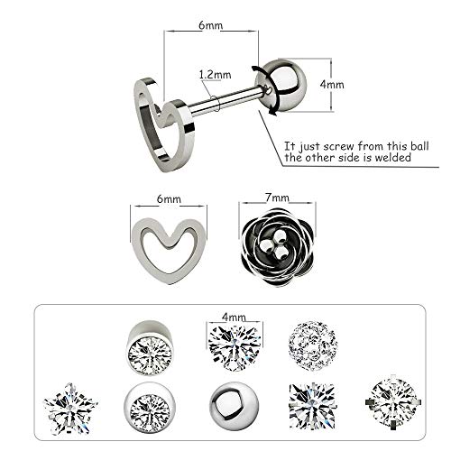 10 Pairs 16g Ear Cartilage Helix Surgical Stainless Steel Cubic Zirconia Stud Cartilage Earrings Huggie Screw Backs Ear Tragus Auricle Cute Love Heart Flower Barbell Piercing Set 4mm - color: Silver