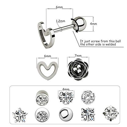 10 Pairs 16g Ear Cartilage Helix Surgical Stainless Steel Cubic Zirconia Stud Cartilage Earrings Huggie Screw Backs Ear Tragus Auricle Cute Love Heart Flower Barbell Piercing Set 4mm - color: Silver