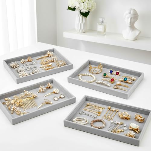 4 Pack Gray Velvet Stackable Jewelry Tray Showcase Display - 13.78 x 9.45 x 1.18 Inch, Stackable Necklace Bracelet Ring Showcase Display Empty Plate for Necklace Earring Ring Bracelet