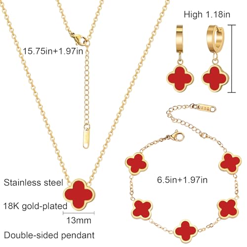 18K Gold Plated Lucky Clover Jewelry Set, Birthday Gifts for Women | Stainless Steel Hypoallergenic,Black White Red Four Leaf Clover Bracelet Necklace Earrings set, Daily Wear, Gifts for Women - color: Clover Set-Red