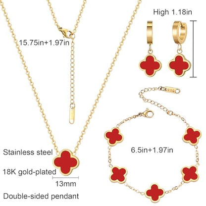18K Gold Plated Lucky Clover Jewelry Set, Birthday Gifts for Women | Stainless Steel Hypoallergenic,Black White Red Four Leaf Clover Bracelet Necklace Earrings set, Daily Wear, Gifts for Women - color: Clover Set-Red