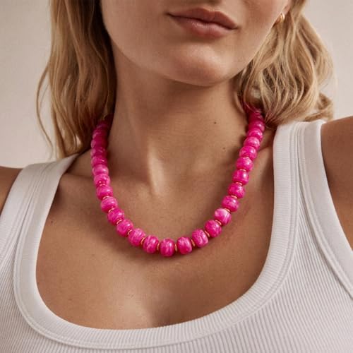 Beaded necklace for Women Boho Bead Gemstone Chunky Necklace Big Bead Necklace Fashion Trendy Summer Necklaces Jewelry Gifts - color: Rose Red Beaded