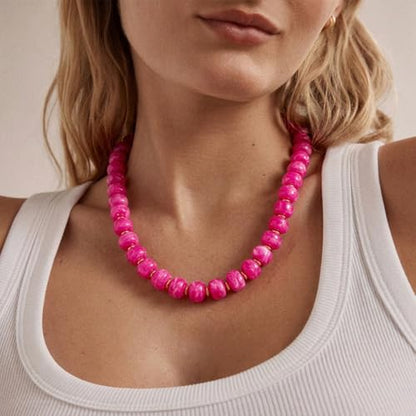Beaded necklace for Women Boho Bead Gemstone Chunky Necklace Big Bead Necklace Fashion Trendy Summer Necklaces Jewelry Gifts - color: Rose Red Beaded