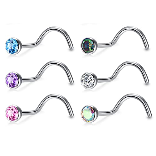 BelezaDosas 6pcs G23 Titanium Nose Studs 18G 20G Screw Nose Ring Press Fit 2mm 2.5mm 3mm Piercing Jewelry for Sensitive Skin - style: 20G 3.0mm CZ 6PCS