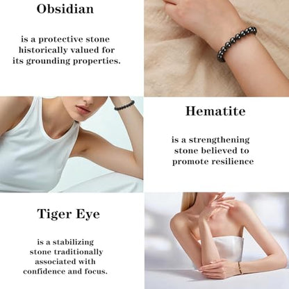 4mm 6mm 8mm Healing Crystal Bracelets for Women Men Natural Stone Beaded Stretch Bracelet Handmade Gemstone Reiki Spiritual Jewelry Gifts - color: Tiger Eye+Black Obsidian+Hematite-Protection, size: 8mm
