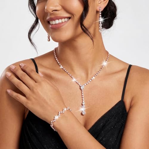 Bride Silver Bridal Necklace Earrings Set Crystal Wedding Jewelry Set Rhinestone Choker Necklace for Women and Brides - color: D Rose Gold