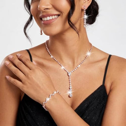 Bride Silver Bridal Necklace Earrings Set Crystal Wedding Jewelry Set Rhinestone Choker Necklace for Women and Brides - color: D Rose Gold