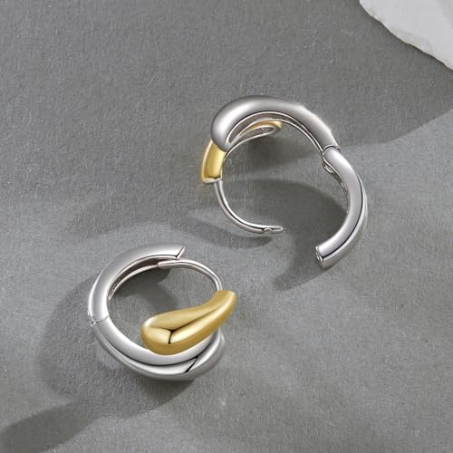14K Gold Plated Two-Tone Oval Hoop Earrings for Women, Water Drop Design Lightweight Huggie Earrings,925 Sterling Silver Posts Double Drop Chunky Hoops Hypoallergenic Ear Buckles - color: Silver