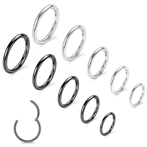 10Pcs Gold Nose Ring Hoop 18G/20G Clicker Nose Hoops Hypoallergenic Stainless Steel Nose Piercings Jewelry Gold Nose Jewelry Septum Helix Cartilage Lip Body Piercings for Women Men 7mm 8mm 9mm 10mm 12mm - color: Black and Silver-20G