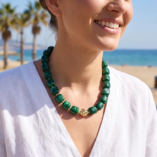 Chunky Beaded Necklace for Women,Square Resin beads boho Choker Necklace with gold-tone spacers,Fashion Trendy Summer Beach Party Necklaces Handmade Surfer Beach Necklaces Jewelry Gifts - color: Dark-Green