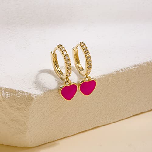 DAILY VIBES Cute Gold Mini Dangle Huggie Hoop Earrings for Women Trendy | 14K Gold Plated, Dainty Cubic Zirconia, Small Hoop Earrings with Charm Drop, Jewelry Gift for Women Ladies - color: Pink Heart CZ
