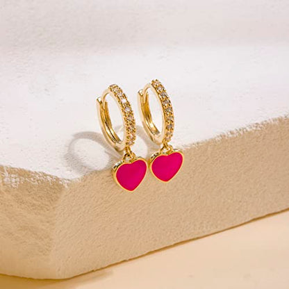 DAILY VIBES Cute Gold Mini Dangle Huggie Hoop Earrings for Women Trendy | 14K Gold Plated, Dainty Cubic Zirconia, Small Hoop Earrings with Charm Drop, Jewelry Gift for Women Ladies - color: Pink Heart CZ