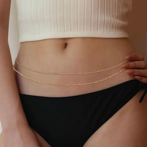 14K Gold Plated Waist Chain for Women, Layered Belly Body Chain | 2Pcs Adjustable Fit, Layered Design, Dainty Chain Styles, Bikini, Dress & Rave Outfits, Beach, Festival & Vacation - color: Gold-Plated 8