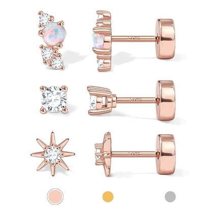 14K Gold Plated 925 Sterling Silver Flat Back Earrings Set | Hypoallergenic Cartilage Helix Conch Tragus Piercing Jewelry 3 Pairs Small Screw Dainty CZ Opal Earring Set Men Women - color: Rose Gold, Style A
