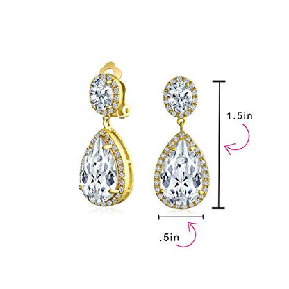 Bling Jewelry Large Teardrop Cubic Zirconia Pave CZ Halo Statement Dangle Clip On Earrings For Women Gold Silver Plated Brass - color: Silver