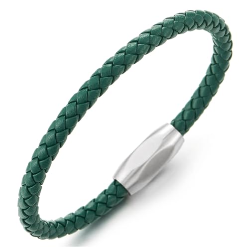 COOLSTEELANDBEYOND Minimalist Mens Women Leather Bracelet, Thin Braided Leather Bangle, Steel Oval Magnetic Clasp - color: B-Color: Green