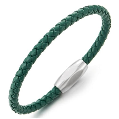 COOLSTEELANDBEYOND Minimalist Mens Women Leather Bracelet, Thin Braided Leather Bangle, Steel Oval Magnetic Clasp - color: B-Color: Green
