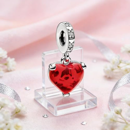 S925 Sterling Silver Cute Bead Charm for Pandora Bracelets and Necklaces | Lucky Clover Cute Animal Pink Bow Cherry Butterfly Pendant Bead Charms Jewelry Making Gifts for Women Valentines Mother's Day - style: Red Romantic Heart Charm