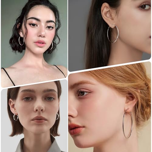 4 Pairs Silver Gold Hoop Earrings for Women | 14K Gold Plated Hoop Earrings Set Hypoallergenic Earring Lightweight Dangle Earrings Set - color: 1 Pair Silver-50mm