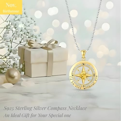 Compass Necklace for Women Wife Girlfriend Mom Daughter Gifts | S925 Silver Jewelry For Anniversary 18K Rose Gold Gifts For Birthday Christmas Mothers Valentines Day 12 Birthstones - style: 11-November-Gold