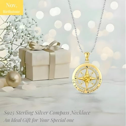 Compass Necklace for Women Wife Girlfriend Mom Daughter Gifts | S925 Silver Jewelry For Anniversary 18K Rose Gold Gifts For Birthday Christmas Mothers Valentines Day 12 Birthstones - style: 11-November-Gold