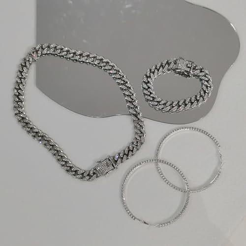 HAXIYA Tennis Necklace Bracelet for Women, Sterling Sliver Jewelry Set, Silver/Gold Chocker Necklace, Crystal Bracelet for Women, Wedding Jewelry for Bride, Sparkly Party Prom Hypoallergenic - color: Cuban Set of 3 - Silver
