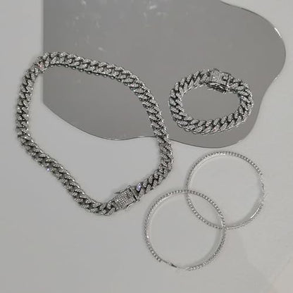HAXIYA Tennis Necklace Bracelet for Women, Sterling Sliver Jewelry Set, Silver/Gold Chocker Necklace, Crystal Bracelet for Women, Wedding Jewelry for Bride, Sparkly Party Prom Hypoallergenic - color: Cuban Set of 3 - Silver
