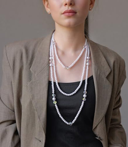 Errally Long Pearl Necklace and Earring Set Layered Pearl Beaded Necklaces for Women White Costume Jewelry Sets Gifts for Mom - color: 3-Layer