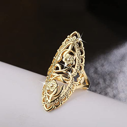Rings for Women Summer Boho Rings Filigree Flower Ring Chunky Gold Ring Full Finger Rings Wide Band Womens Rings for Cocktail Party Birthday Gifts Statement Rings for Women - color: Gold