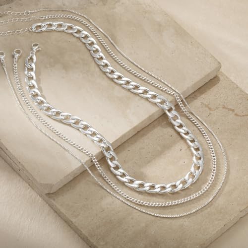 Tewiky Layered Necklaces for Women 14k Gold Plated Chain Necklace Set | Chunky Herringbone/Snake/Rope/Box/Cuban Link Chain for Women, Layering Stack Choker Necklace, Dainty Jewelry Set Non Tarnish - color: Silver--style I