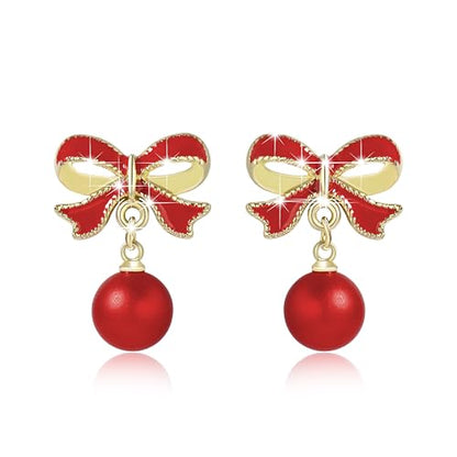 Gold Bow Earrings for Women, Long Tassel Chain Drop Earrings, Trendy Small Bow Earrings, Ribbon Waterfall Dangling Earrings, Pearl Bow Earrings, Sparkly Elegant Bowknot Preppy Jewelry Gifts for Women - color: W-Red Bow2