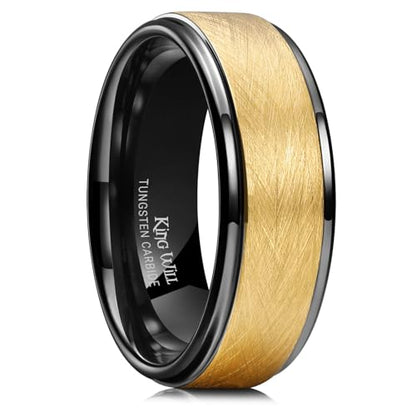 King Will Classic Tungsten Carbide Ring Brushed Two Grooved Center Hammered Design Mens Wedding Band for Men | Black/Silver/Gold, 8mm, Men's Wedding Band, Grooved, Comfort Fit, Everyday Wear - color: C-Gold&Black 8mm