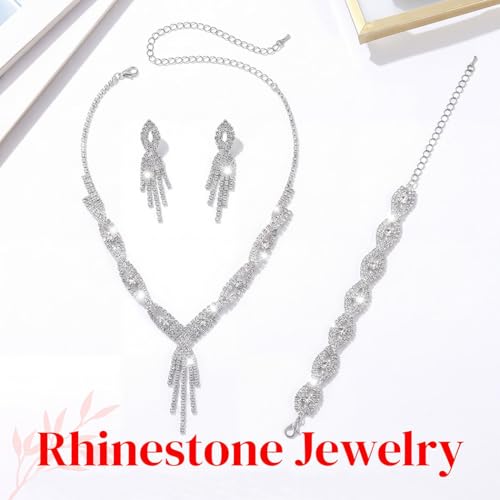 Sixexey Rhinestone Jewelry Set Wedding Jewelry Prom Costume Necklace Jewelry for Women - color: Silver