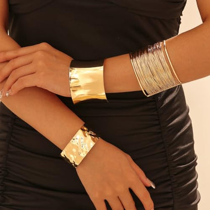 3PCS Gold Chunky Cuff Bracelets for Women Irregular Minimalist Statement Bangle Bracelets Set Open Wide Bangle Arm Cuff Upper Arm Punk Jewelry - color: 3PCS Chunky Gold Cuff Bracelets