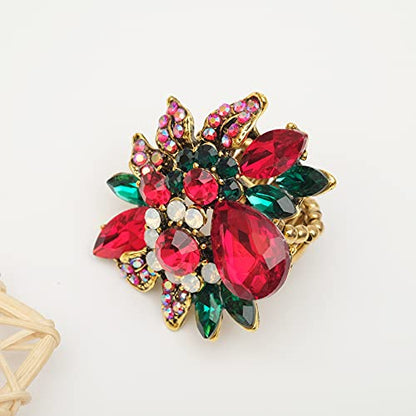 CSY Luxury Froral Cocktail Statement Rings Stretch Adjustable Ring | Gorgeous Women's Austrian Crystal Leaves Flower Big Cocktail Statement Rings Stretch Adjustable Ring Jewelry Accessories - color: Red