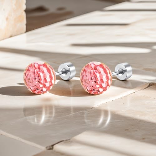 Dazzling Crystal Disco Ball Cartilage Stud Earrings for Women Mom Stainless Steel Austrian Colorful 6mm/8mm CZ Tragus Screw Flat Back Helix Tiny Studs Earring Fashion 60's 70's Jewelry Prom Party 20G - color: Pink,8mm