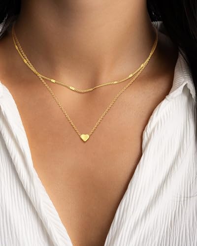 Layered Gold Necklace Set for Women Dainty Waterproof Cute Choker | 14K Gold Plated Minimalist Non Tarnish Lightweight CZ Pendant Pearl Twist Paperclip Chain Jewelry Gifts - style: 2PCS-Heart pendant-GD