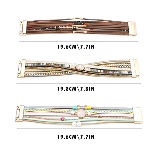 Leather Wrap Bracelet Set 3Pack Wrist Cuff Bracelet for Women Multilayer Magnetic Clasp Bracelet Feather Tree Bead Crystal Bracelet - color: Bead Colorful