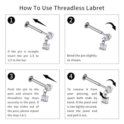 1PC ASTM F136 Titanium Mini Threadless Flat Back Stud 18G 6mm 8mm for Conch Helix Flat Tragus Labret - color: Dangle CZ - Tit