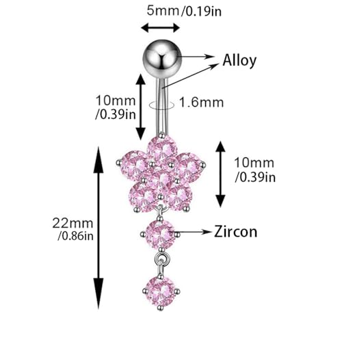 14G Floral Belly Button Ring for Women, Dangling CZ Crystal Charm Drop Belly Piercing Barbell Rings Navel Piercings Jewelry