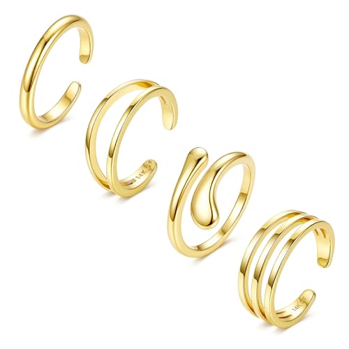 14K Gold Plated Toe Rings for Women Non Tarnish Adjustable Silver Gold Toe Ring Cubic Zirconia Daisy Flower Dainty Toe Rings Set Open Simple Band Ring Summer Beach Foot Jewelry - color: A-Gold