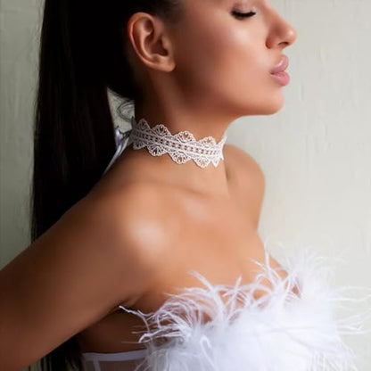 Lace Ribbon Choker Necklace for Women | Adjustable Choker Necklace Charm Statement Hollow Ribbon Collarbone Necklace Striking Gothic Prom Jewelry Gifts - color: White